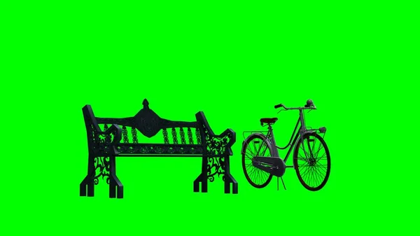 Bicicletta Accanto Alla Panca Del Parco Schermo Verde — Foto Stock