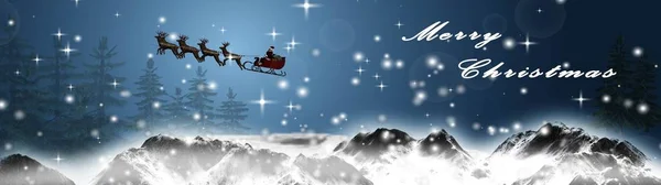 Panorama Navidad Santa Claus Está Volando Con Trineo Renos Sobre — Foto de Stock