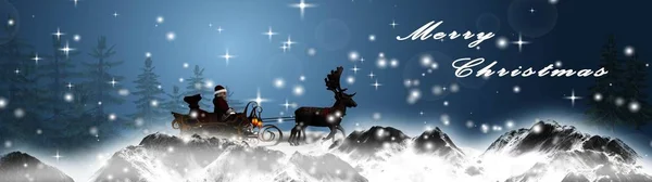 パノラマ Sleid と雪に覆われた山々 とメリー クリスマス本文トナカイ サンタ クロース クリスマスぼかしライト背景 — ストック写真