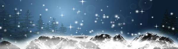 Panorama Weihnachten Verschneite Berge Unscharfe Lichter Hintergrund — Stockfoto
