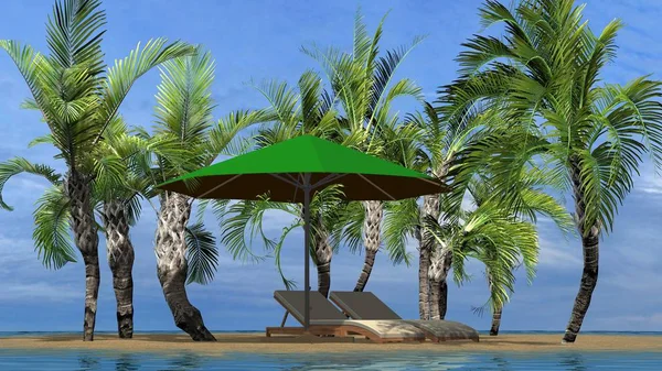 Vacation and holiday destination concept as beautiful island summer landscape with palm trees and deck chairs