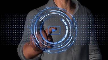 Video pazarlama Iş-Internet-teknoloji Concept-adam siyah arka planda startButton basarak