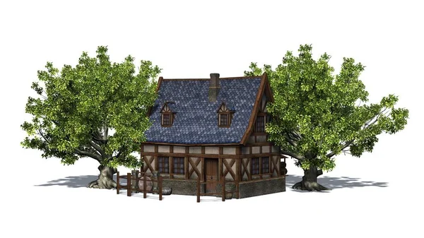 Mittelalterliche Hütte Zwischen Bäumen Rückseite Isoliert Auf Weißem Hintergrund — Stockfoto