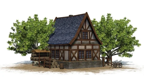 Mittelalterliches Ferienhaus Zwischen Bäumen Auf Einer Sandfläche Vorderansicht Isoliert Auf — Stockfoto