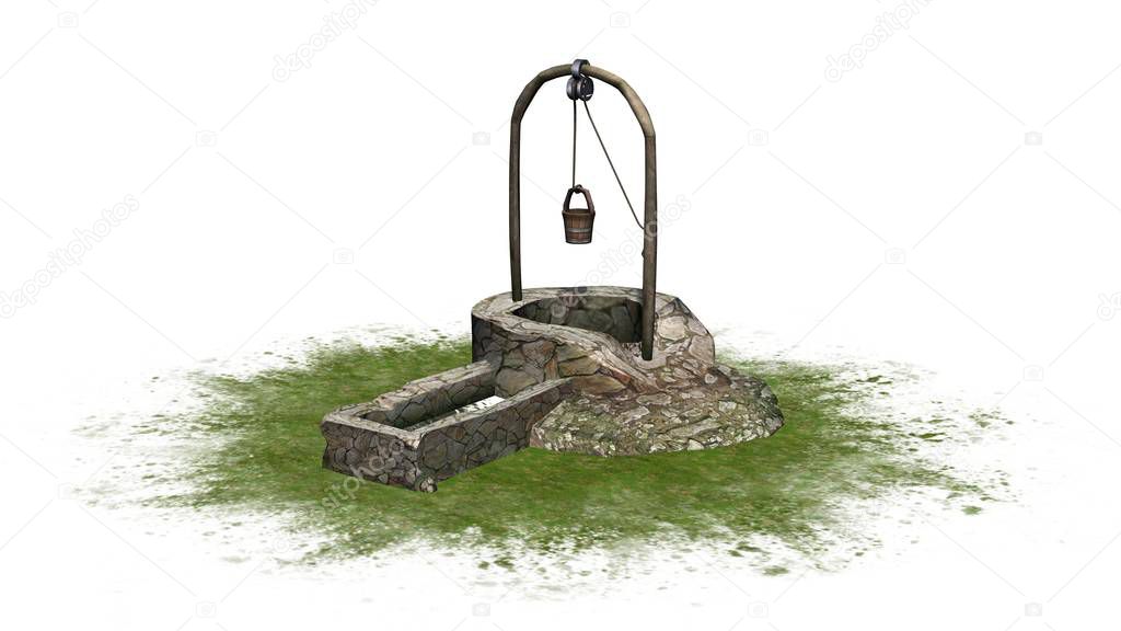 old medieval stone well with water basin on a green area - isolated on white background