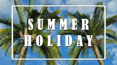 Metin-yaz tatili-mavi gökyüzü arka planda palmiye ağaçları, tropikal tatil konsepti