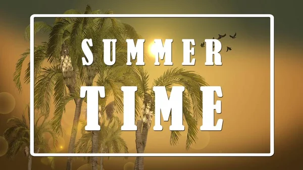 Text Summer Time Queen Palm Trees Sunset Background Tropical Island — Stock Photo, Image