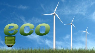 Eko metin ve rüzgar türbinleri-ekoloji kavramı-mavi gökyüzü arka planda izole