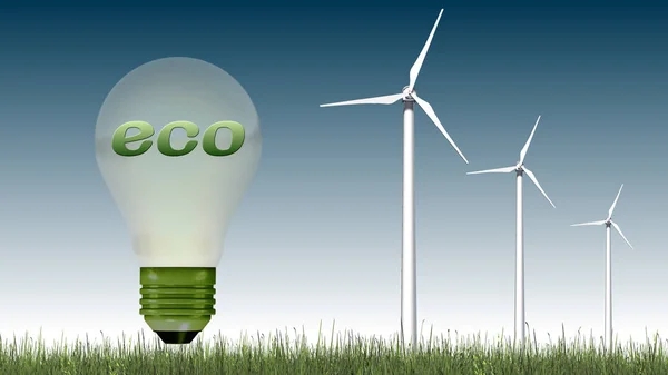 Eco Tekst Gloeilamp Windturbines Ecologie Concept Geïsoleerd Een Hemel Achtergrond — Stockfoto