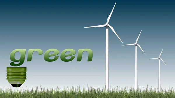 Groene Tekst Windturbines Ecologie Concept Geïsoleerd Een Hemel Achtergrond — Stockfoto