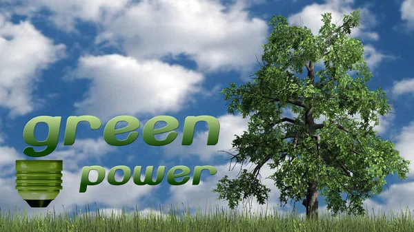 Ağaç Ekoloji Konsepti Ile Yeşil Güç Metni Mavi Gökyüzü Arka — Stok fotoğraf