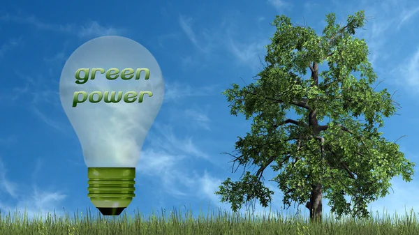 Groene Stroomtekst Gloeilamp Met Boom Ecologie Concept Geïsoleerd Een Blauwe — Stockfoto