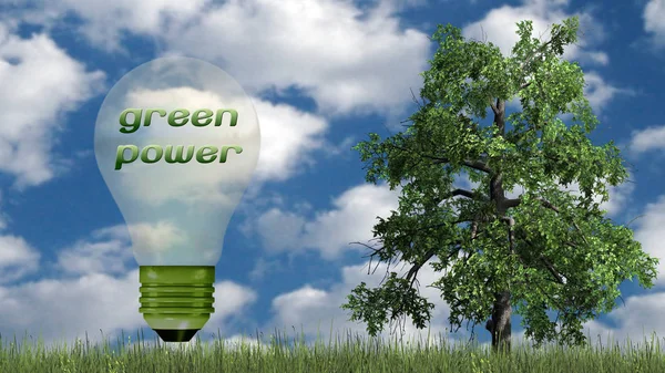 Groene Stroomtekst Gloeilamp Met Boom Ecologie Concept Geïsoleerd Een Blauwe — Stockfoto