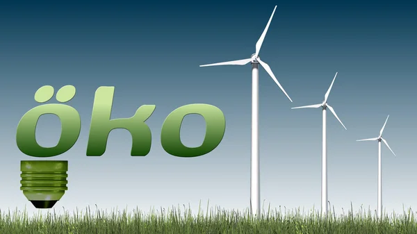 eco text in light bulb and wind turbines - ecology concept - isolated on a sky background