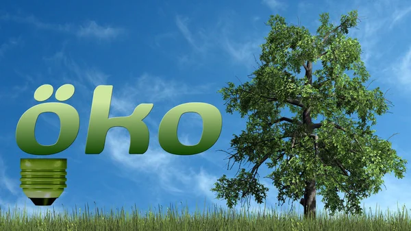 eco text in light bulb with tree - ecology concept - isolated on a blue sky background