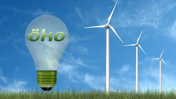 eco text in light bulb and wind turbines - ecology concept - isolated on a blue sky background