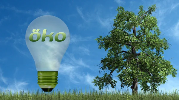 Eco Testo Lampadina Con Albero Concetto Ecologia Isolato Sfondo Cielo — Foto Stock