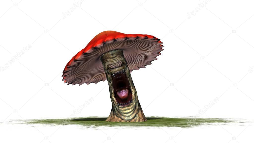 angry mushroom on a green area - separated on white background