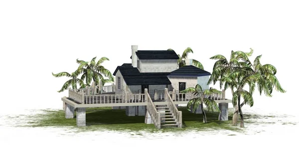Deckshaus Mit Palmen Auf Einer Grünen Fläche Isoliert Auf Weißem — Stockfoto