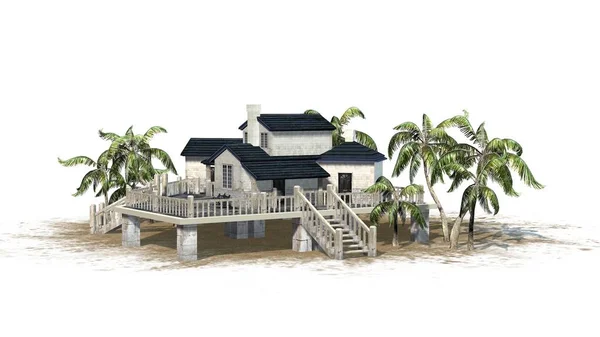 Deckshaus Mit Palmen Auf Einer Sandfläche Isoliert Auf Weißem Hintergrund — Stockfoto