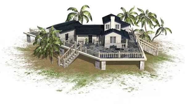 Deckshaus Mit Palmen Auf Einer Sandfläche Isoliert Auf Weißem Hintergrund — Stockfoto