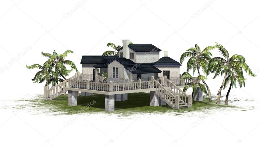 Deckhouse with palm trees on a green area - isolated on white background