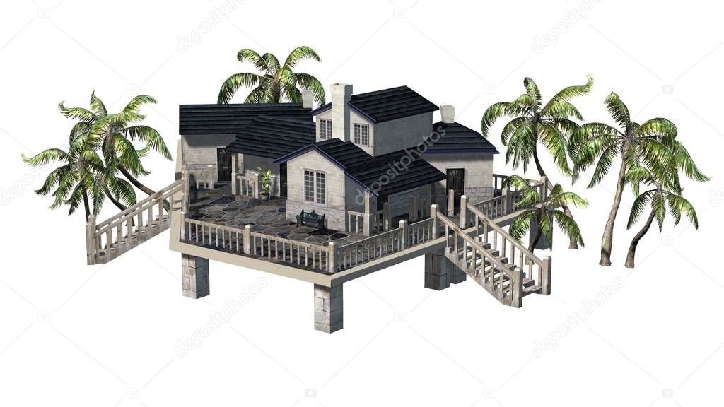 Deckhouse with palm trees - isolated on white background