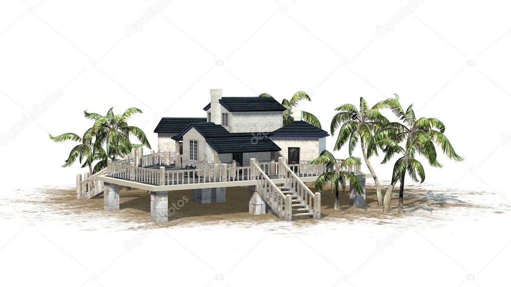 Deckhouse with palm trees on a sand area - isolated on white background