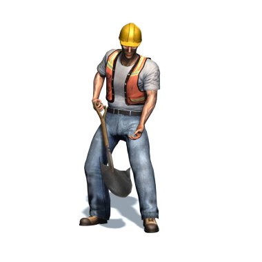 İnşaat işçisi kürek ile çalışır - beyaz arka plan üzerinde izole - 3d illüstrasyon 