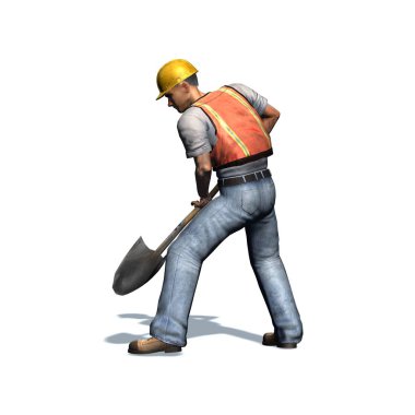 İnşaat işçisi kürek ile çalışır - beyaz arka plan üzerinde izole - 3d illüstrasyon 