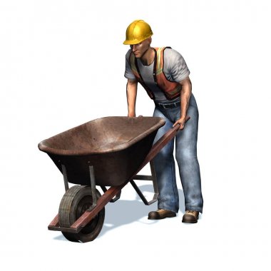 El arabası ile Laborer - beyaz arka plan üzerinde izole - 3d illüstrasyon