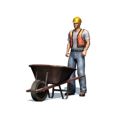 El arabası ile Laborer - beyaz arka plan üzerinde izole - 3d illüstrasyon