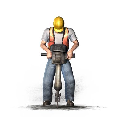 Laborer jackhammer ile çalışır - beyaz arka plan izole - 3d illüstrasyon