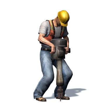 Laborer jackhammer ile çalışır - beyaz arka plan izole - 3d illüstrasyon