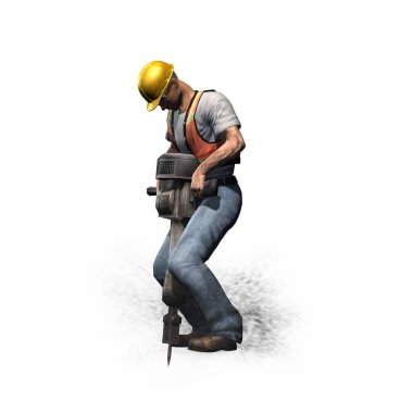 Laborer jackhammer ile çalışır - beyaz arka plan izole - 3d illüstrasyon