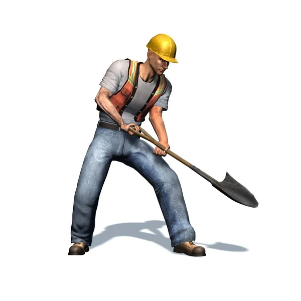 Trabajador Construcción Trabaja Con Pala Aislado Sobre Fondo Blanco Ilustración — Foto de Stock