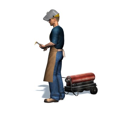 Kaynakçı kaynak makinesi ile çalışır - beyaz arka plan üzerinde izole - 3d illüstrasyon