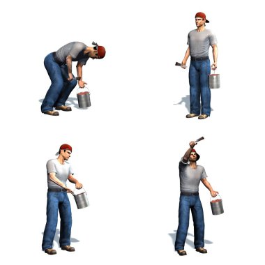 Boya kovası ve fırça ile Painter Seti - farklı görünümler - beyaz arka plan izole - 3d illüstrasyon