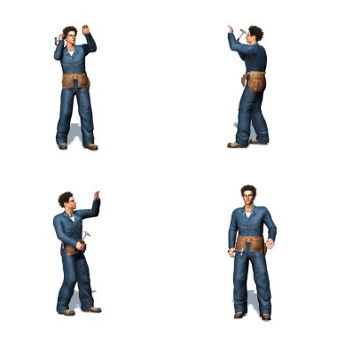 Tamirci set çekiç ile çalışır - farklı görünümler - beyaz arka plan izole - 3d illüstrasyon