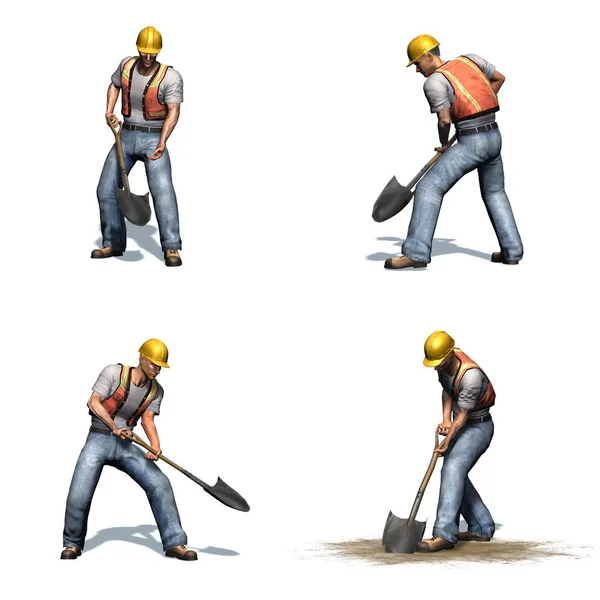 Set Construction Worker Works Shovel Different Views Isolated White Background — Stock Photo, Image