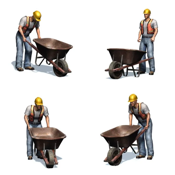 Set Laborer Wheelbarrow Different Views Isolated White Background Illustration — Stock Photo, Image