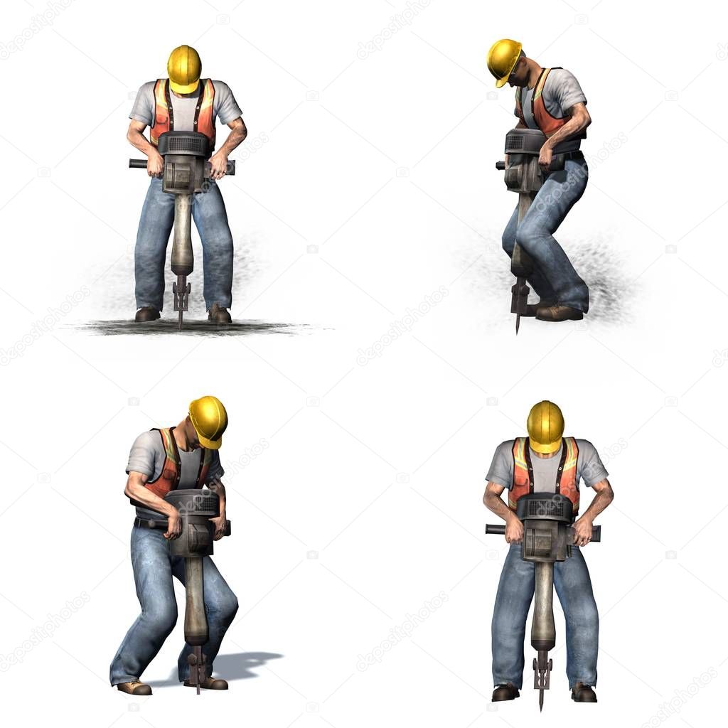 Set of Laborer works with jackhammer - different views - isolated on white background - 3D illustration