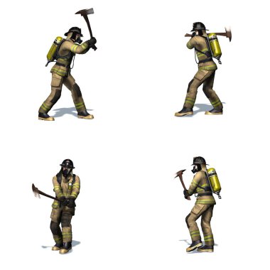 İtfaiye seti balta ile kapıyı kırar - farklı görünümler - beyaz arka plan izole - 3d illüstrasyon