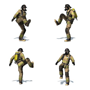 İtfaiye seti kapıyı açık tekmeler - farklı görünümler - beyaz arka plan izole - 3d illüstrasyon