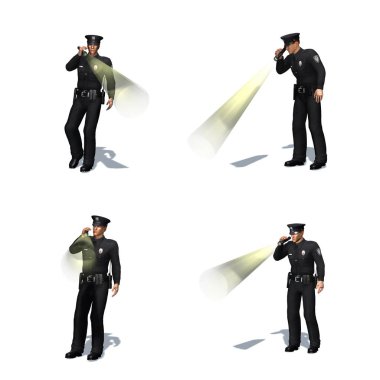 Set of Police officer checks with flashlight - different views - isolated on white background - 3D illustration clipart