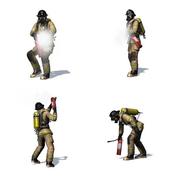 Set Van Brandweerman Met Brandblusser Verschillende Views Geïsoleerd Witte Achtergrond — Stockfoto
