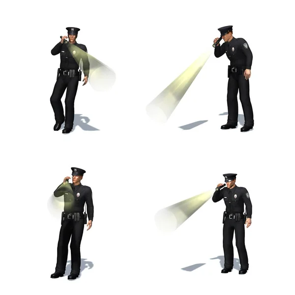 Set Police Officer Checks Flashlight Different Views Isolated White Background — Stock Photo, Image