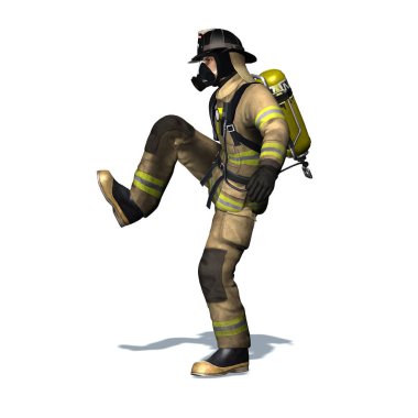 İtfaiyeci kapıyı açık tekmeler - beyaz arka plan izole - 3d illüstrasyon