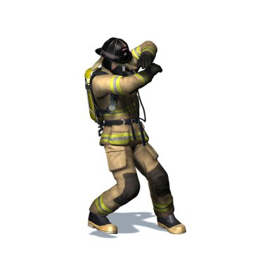 İtfaiye civarı alevden geri çekiliyor - beyaz arka planda izole - 3d illüstrasyon