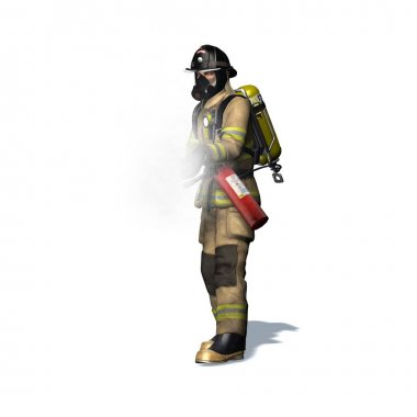 Yangın söndürücü ile İtfaiye - beyaz arka plan izole - 3d illüstrasyon